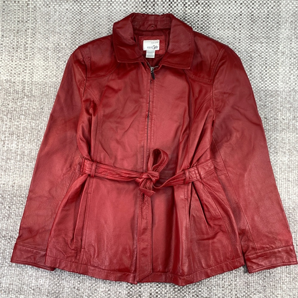 East 5th Red Genuine Leather Belted Zip Front Jacket Womens Large RN 93677